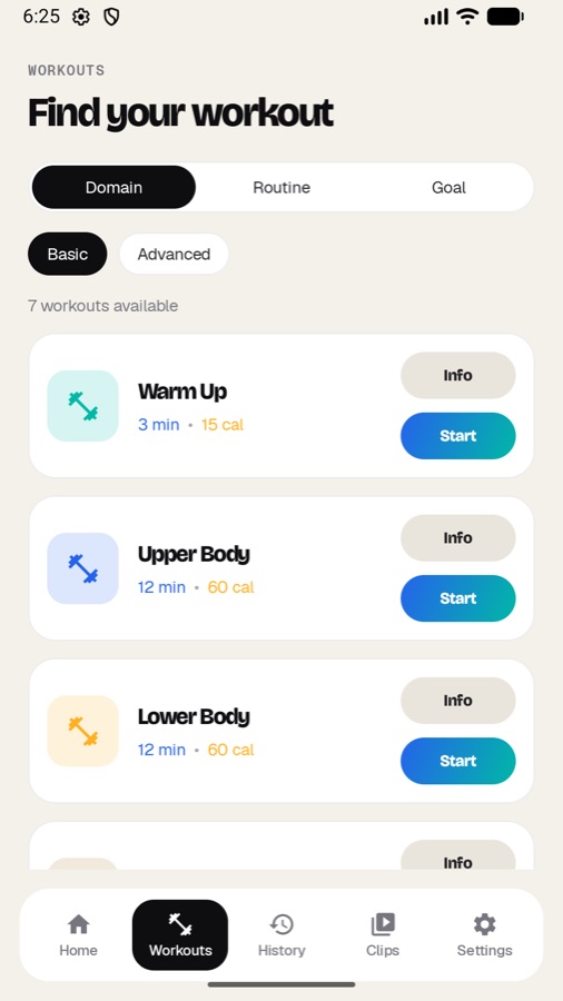 Workout library grouped by category